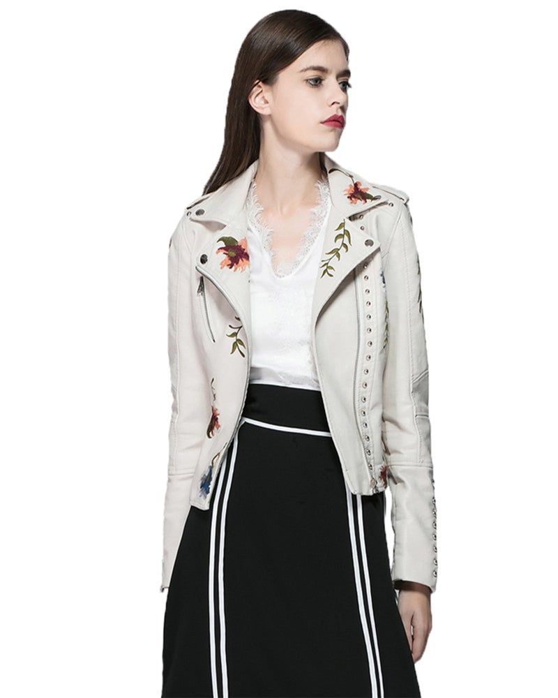 LY VAREY LIN Women's Floral Embroidered Faux Leather Moto PU Jacket Coat (M, Beige) - Image 1